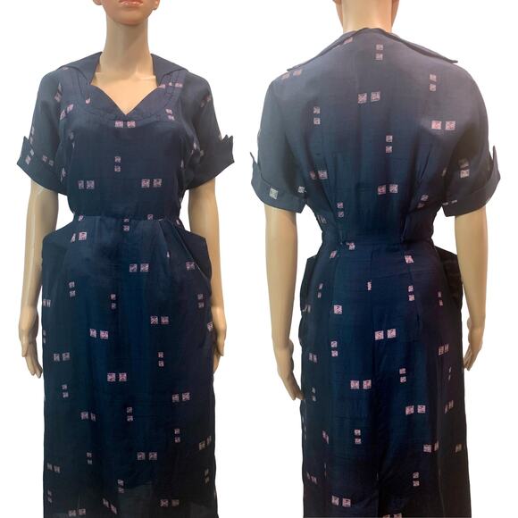 Vintage 1940s Navy Silk Dress – WWII Era Day Dress with Atomic Print - Picture 3 of 10